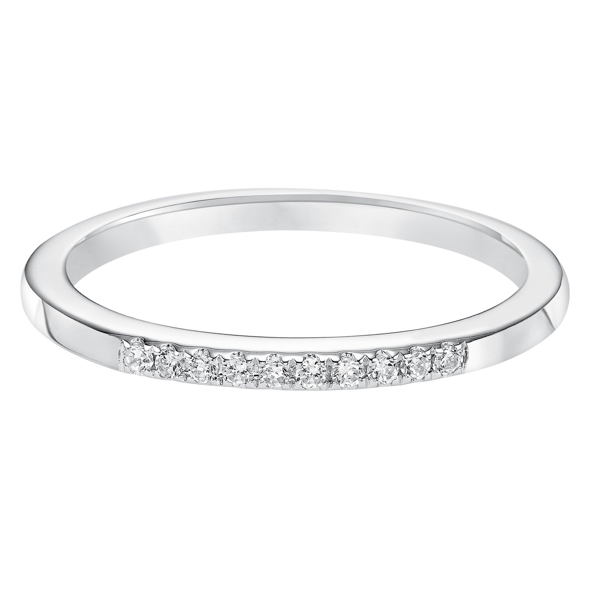 Wedding band with pave set, round diamonds and high polished shank.