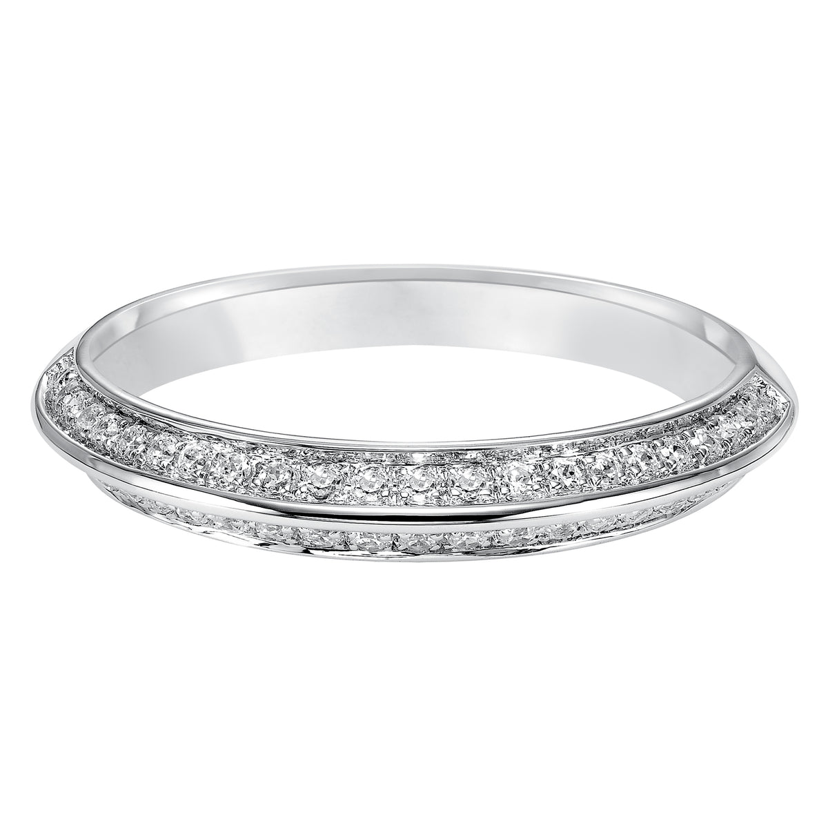 Wedding band with high polished, knife-edge center accentuated with round diamond enhanced sides.