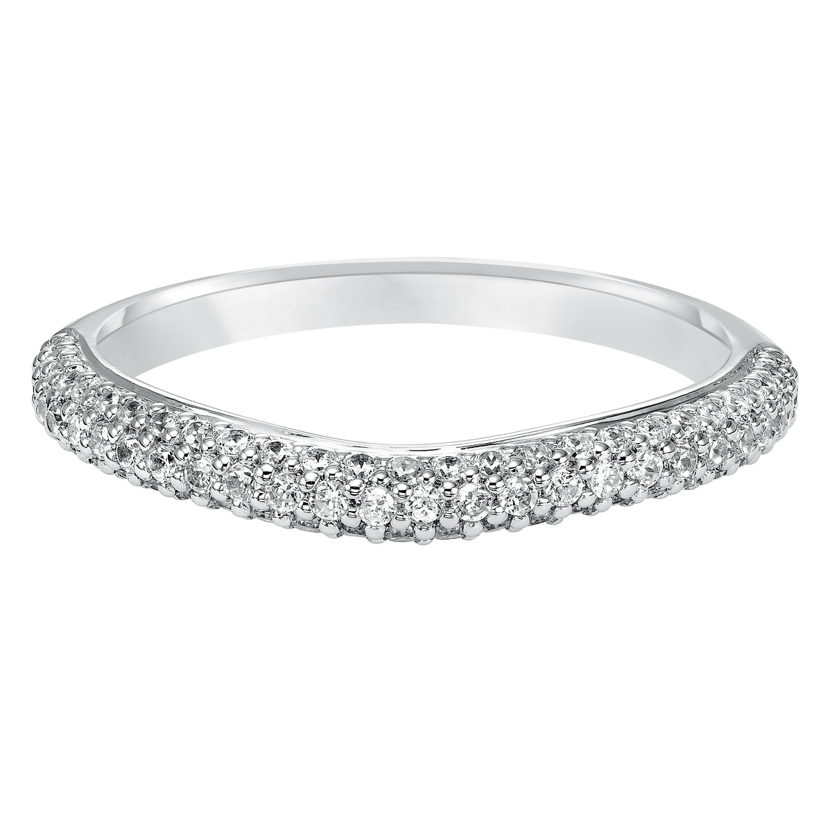 Wedding band with multi-row, pave set, round diamonds.