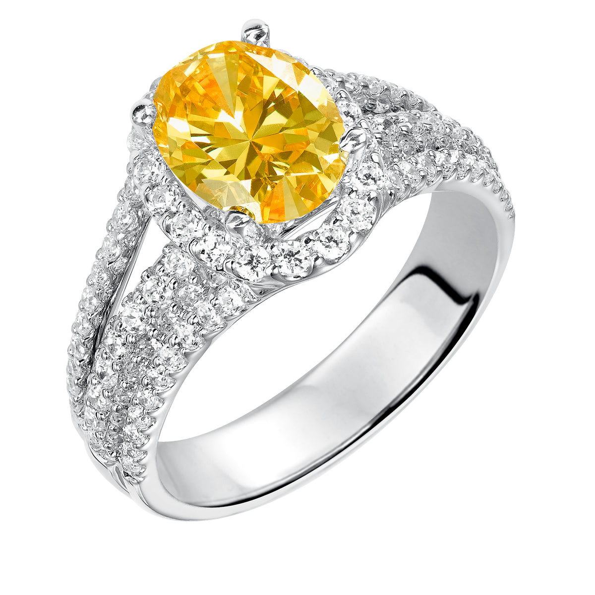 Diamond engagement ring with prong set round diamond halo and multi-row prong set diamond shank.