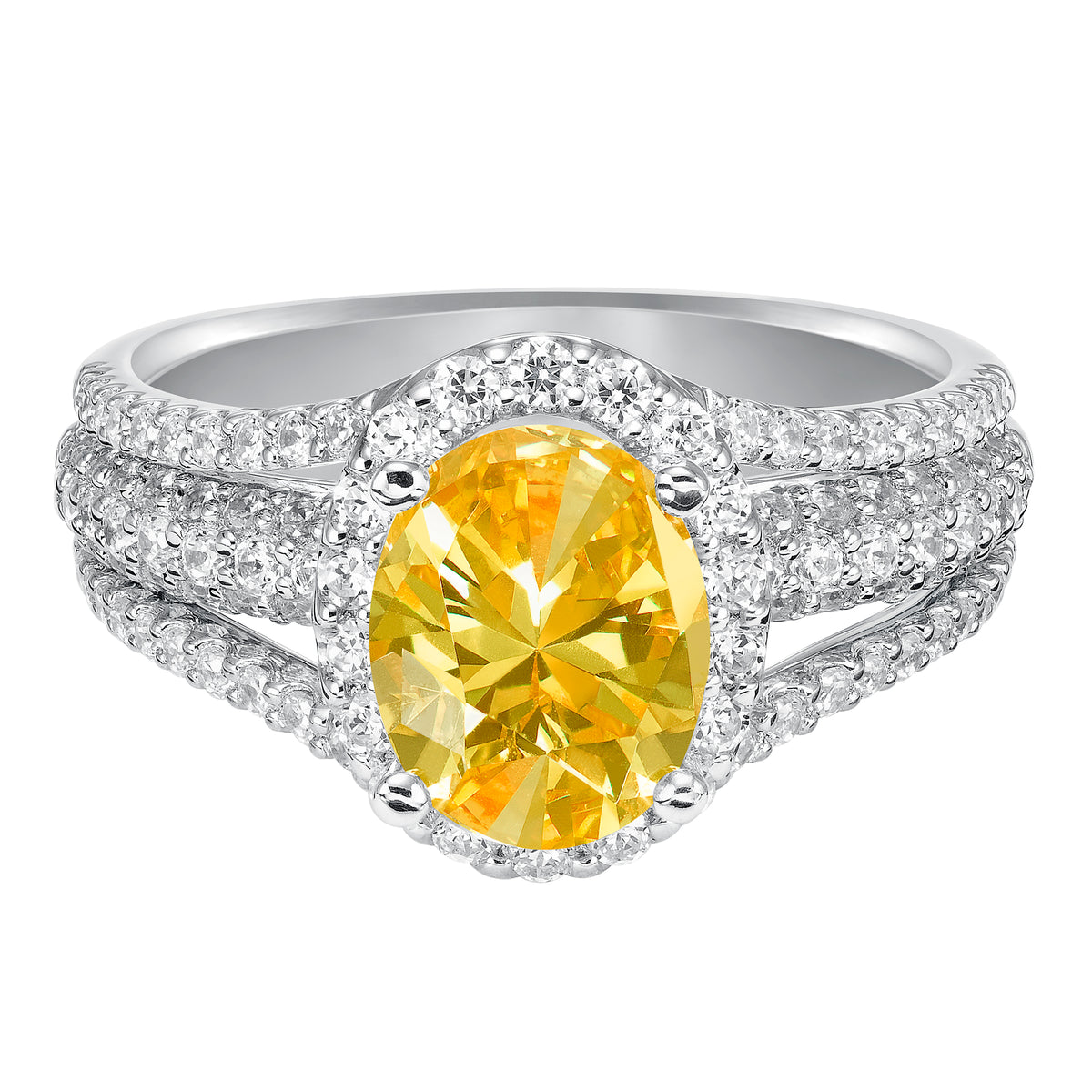 Diamond engagement ring with prong set round diamond halo and multi-row prong set diamond shank.