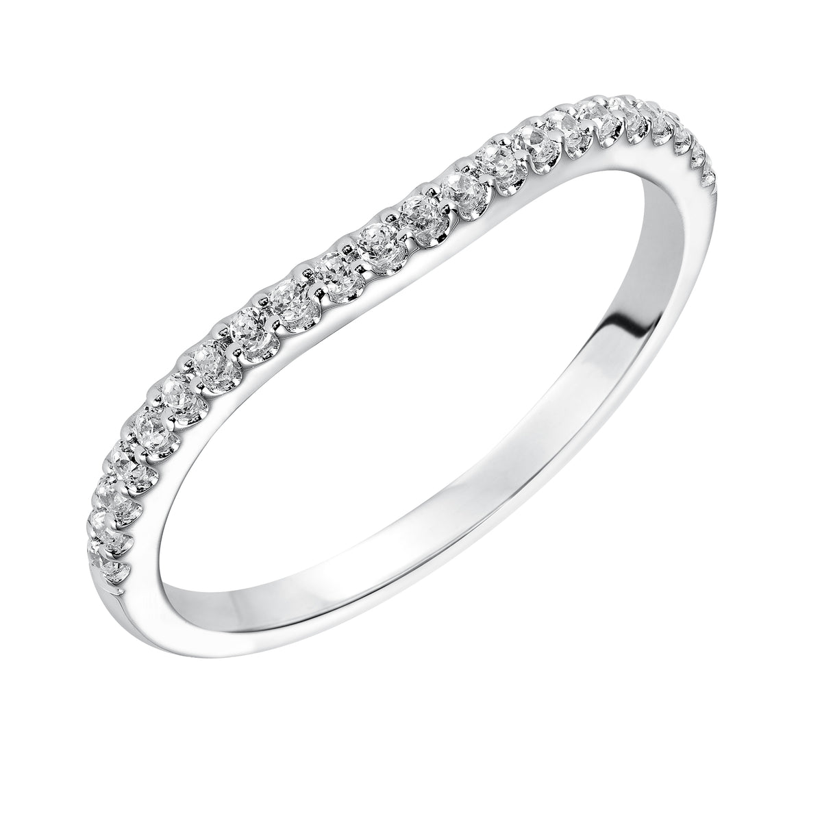 Wedding band with shared prong set, round diamonds and curved design to fit flush with matching engagement ring.