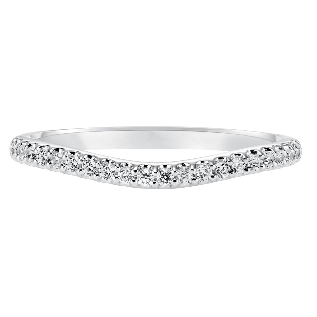 Wedding band with shared prong set, round diamonds and curved design to fit flush with matching engagement ring.