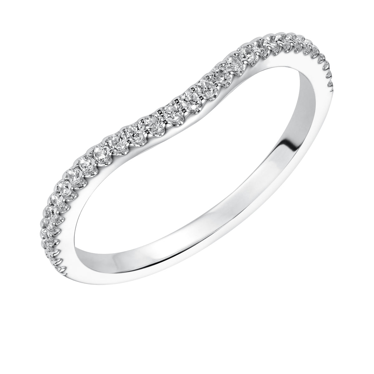 Wedding band with shared prong set, round diamonds and curved design to fit flush with matching engagement ring.