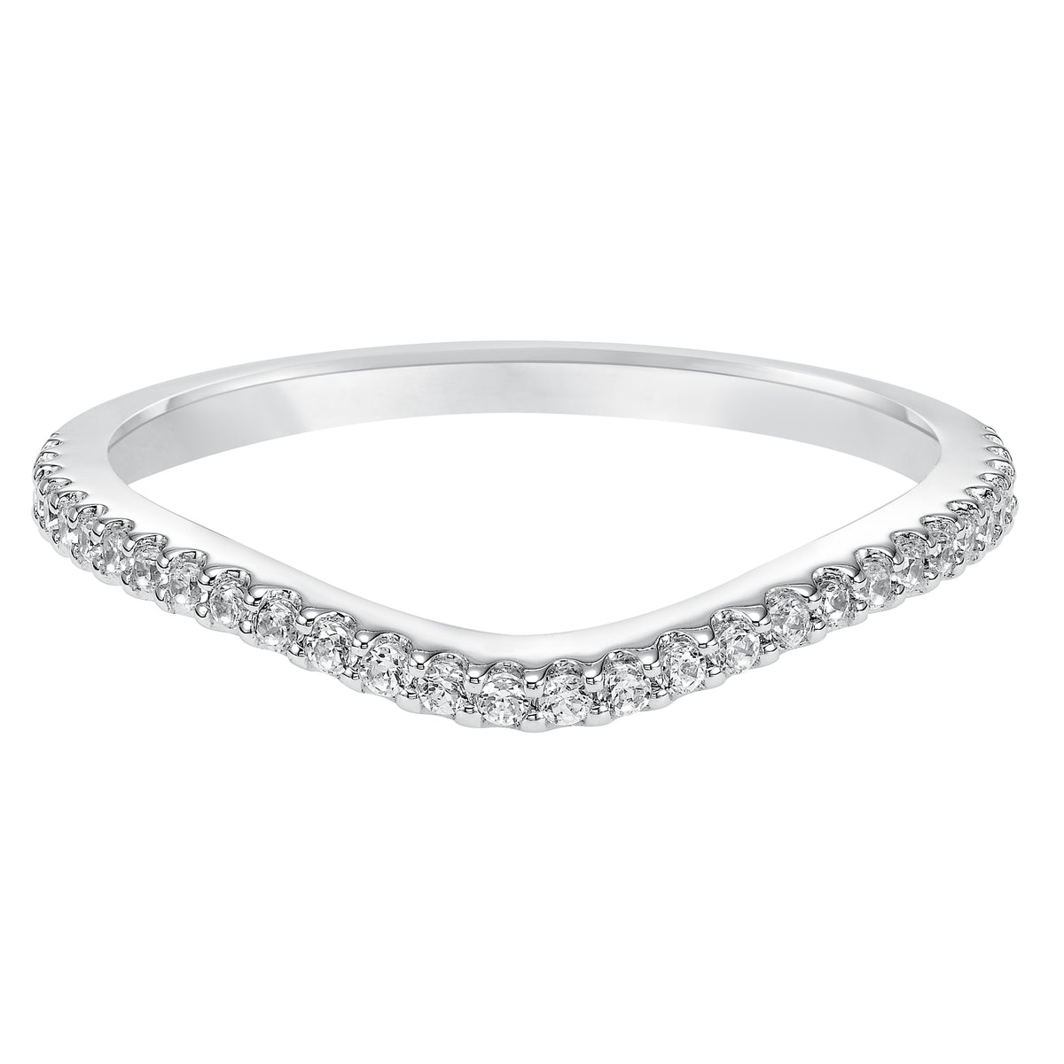 Wedding band with shared prong set, round diamonds and curved design to fit flush with matching engagement ring.