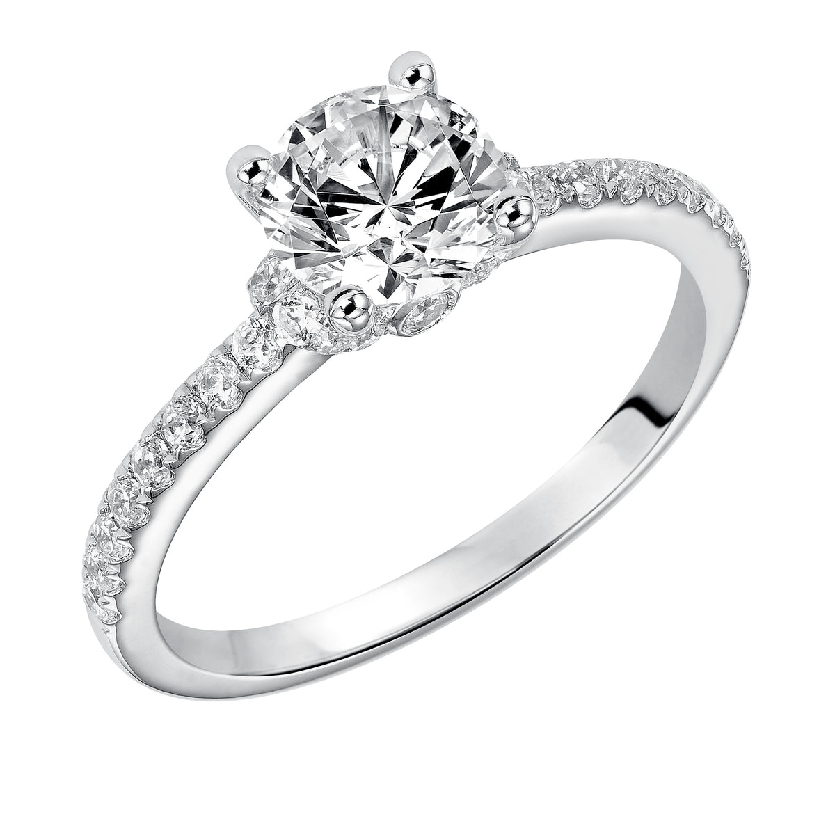 This engagement ring celebrates classic elegance with its delicate diamond prong set band and diamond tiara accent