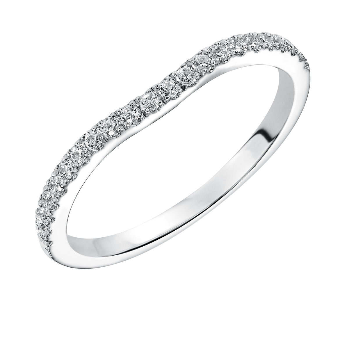 Wedding band with pave set, round diamonds and curved design to fit flush with matching engagement ring.