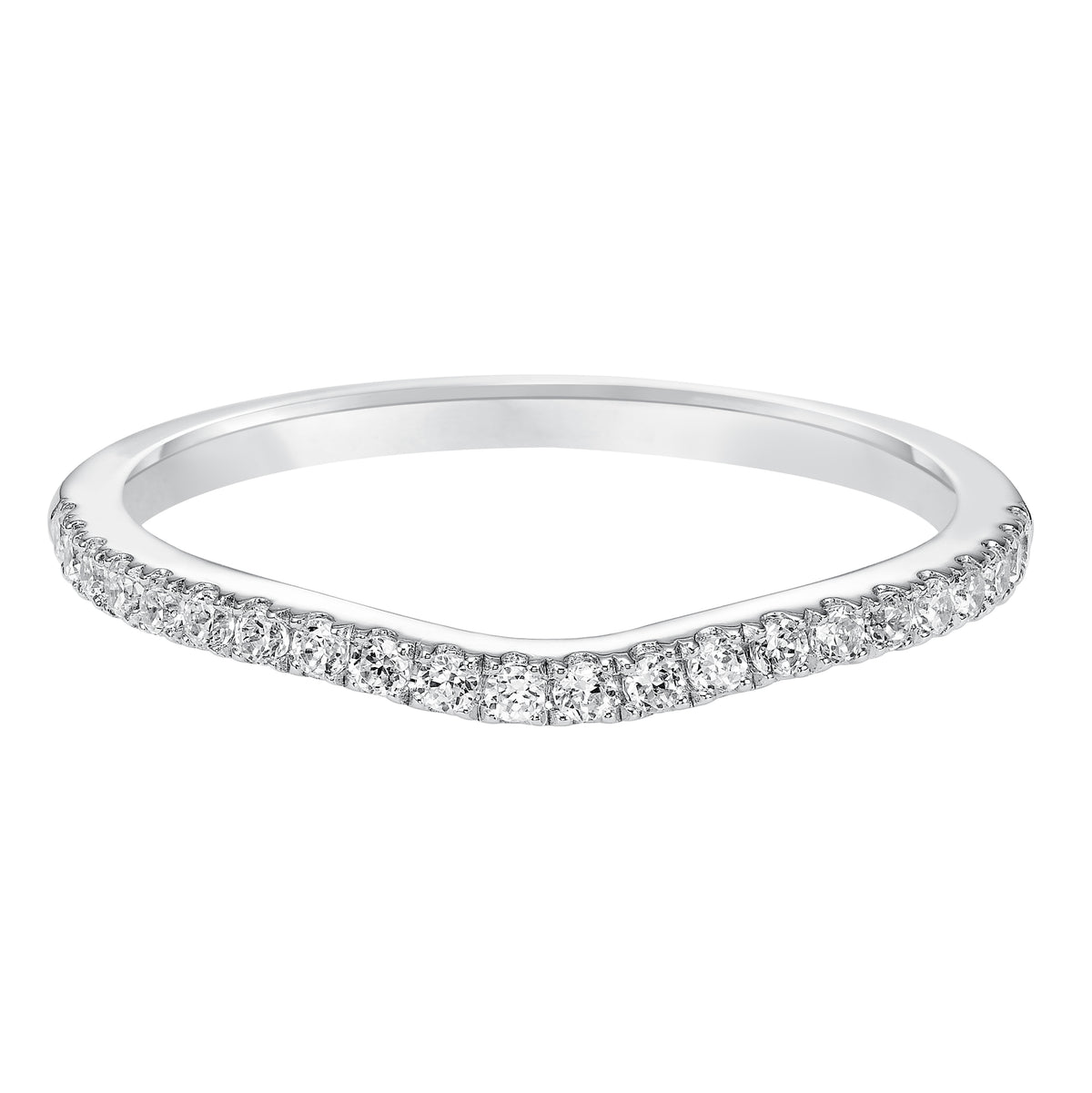 Wedding band with pave set, round diamonds and curved design to fit flush with matching engagement ring.