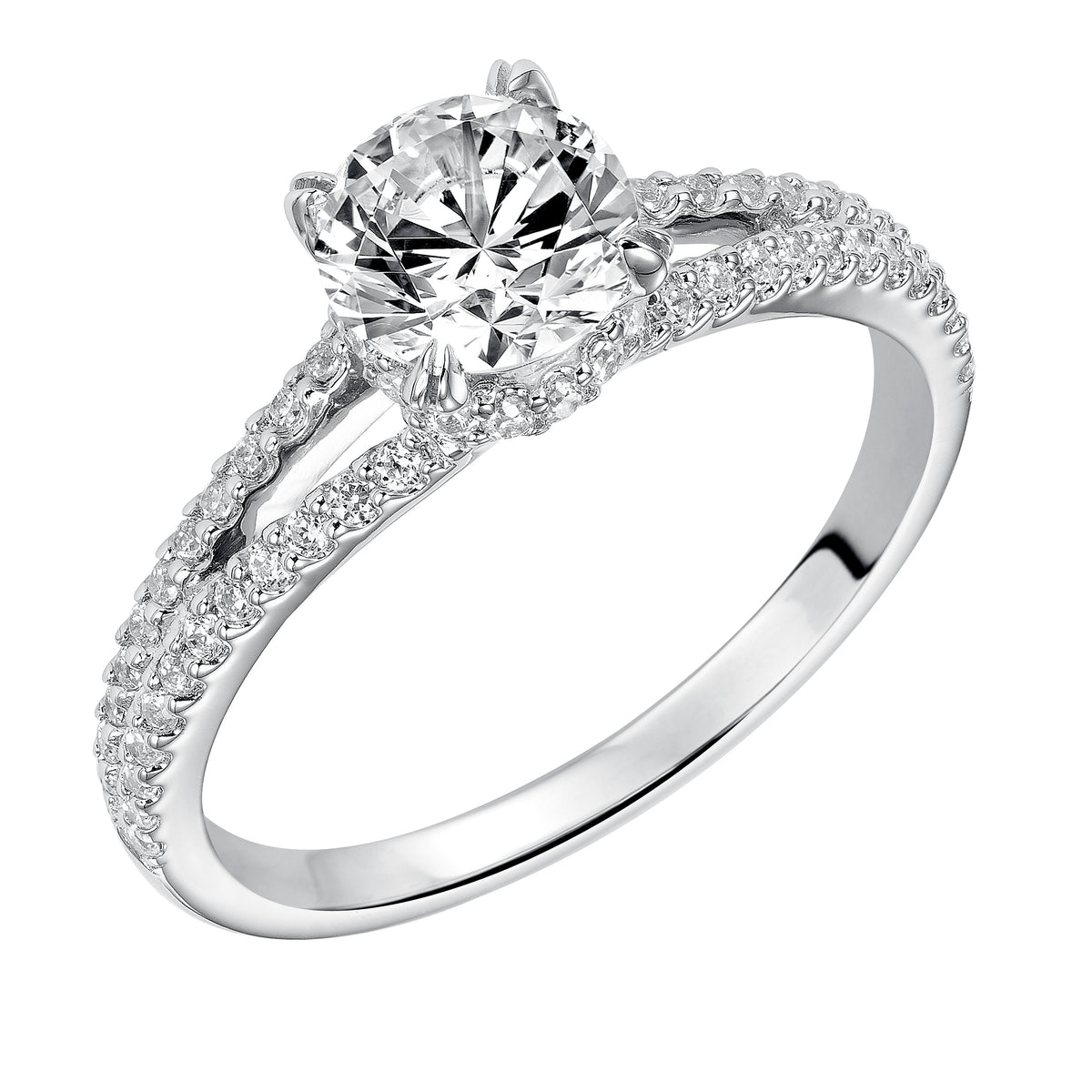 This charming diamond prong set split band design features an elegant diamond tiara accent crowning the center diamond