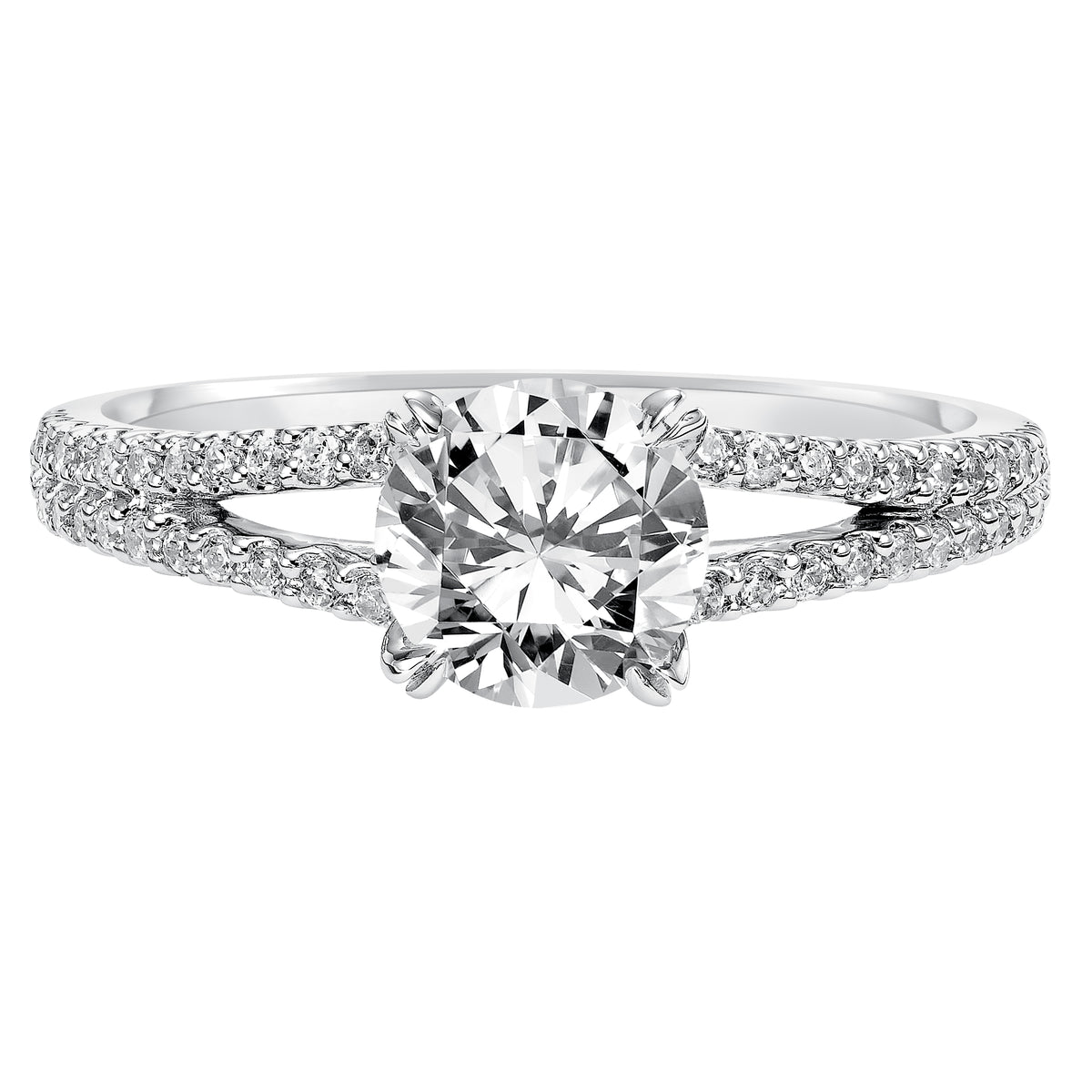 This charming diamond prong set split band design features an elegant diamond tiara accent crowning the center diamond