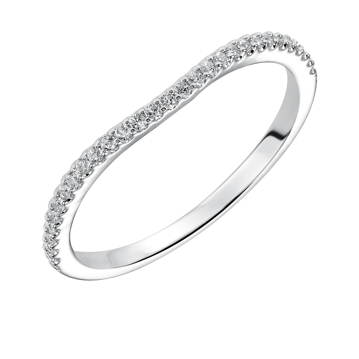 Wedding band with shared prong set, round diamonds and curved design to fit flush with matching engagement ring.