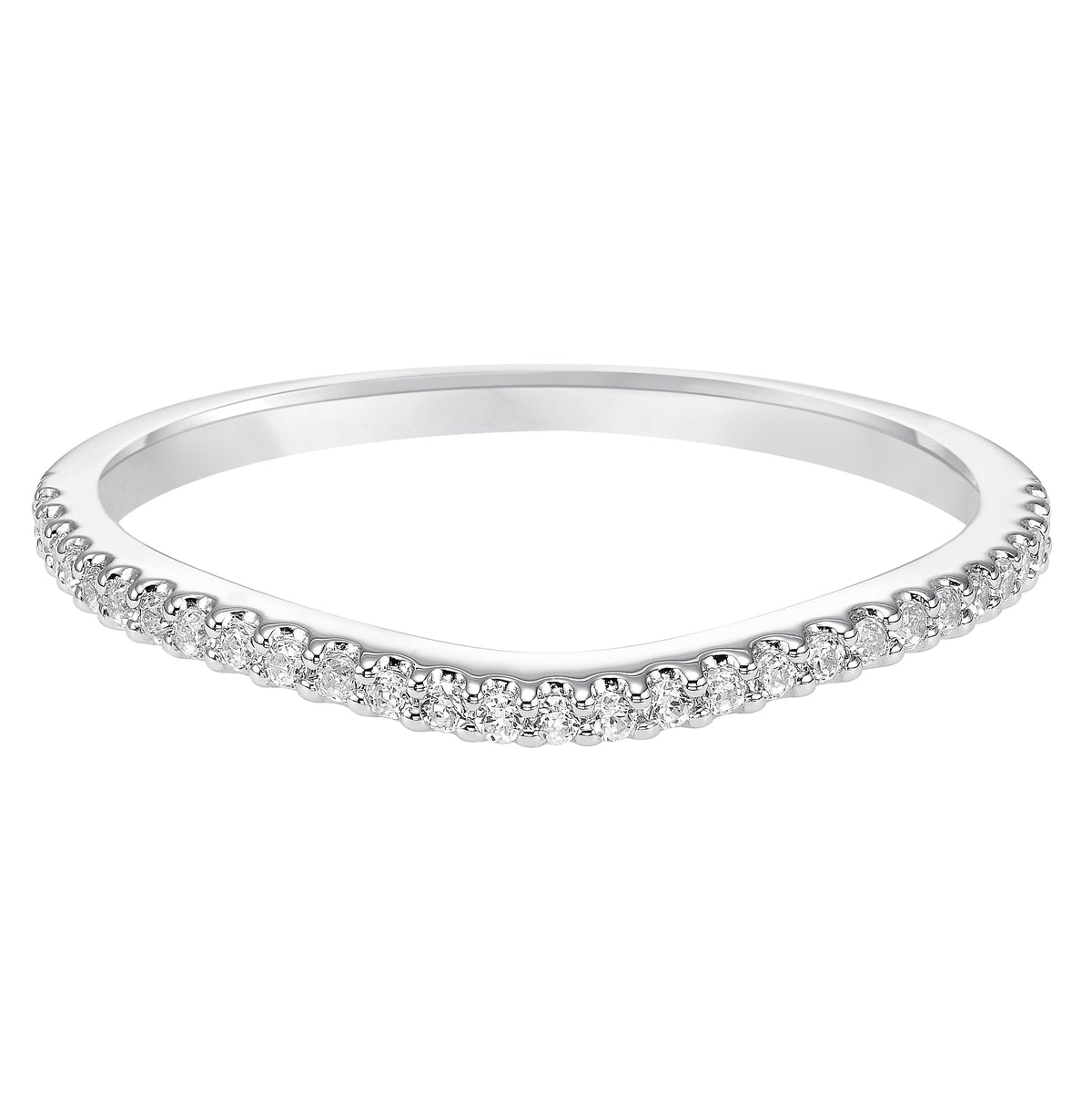 Wedding band with shared prong set, round diamonds and curved design to fit flush with matching engagement ring.