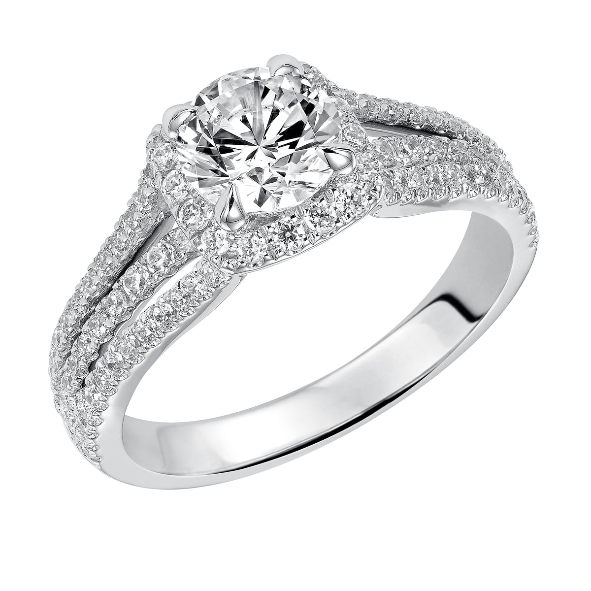 Dazzling with its three row diamond prong set band and single halo to accentuate the round center diamond this engagement ring will surely make a statement