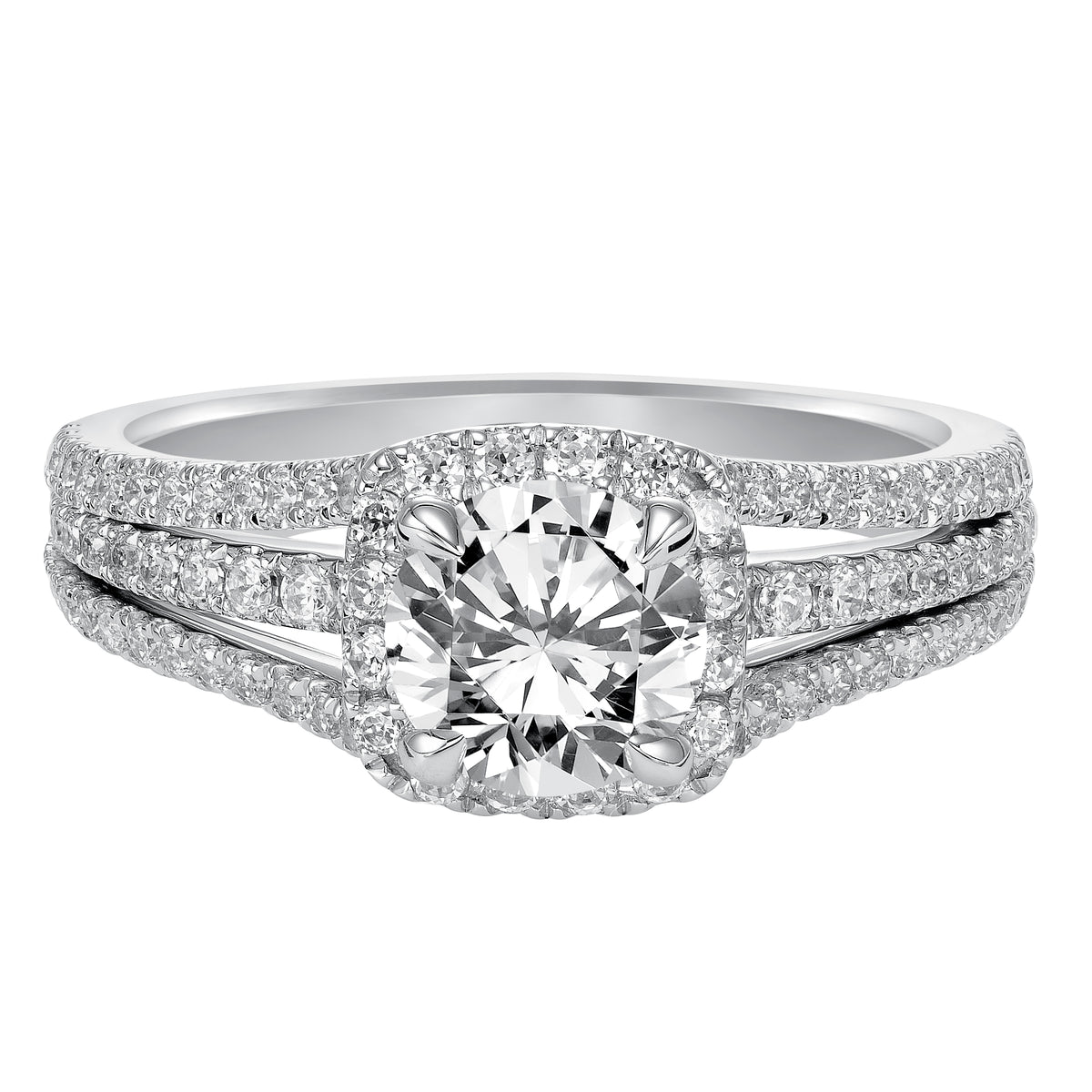 Dazzling with its three row diamond prong set band and single halo to accentuate the round center diamond this engagement ring will surely make a statement