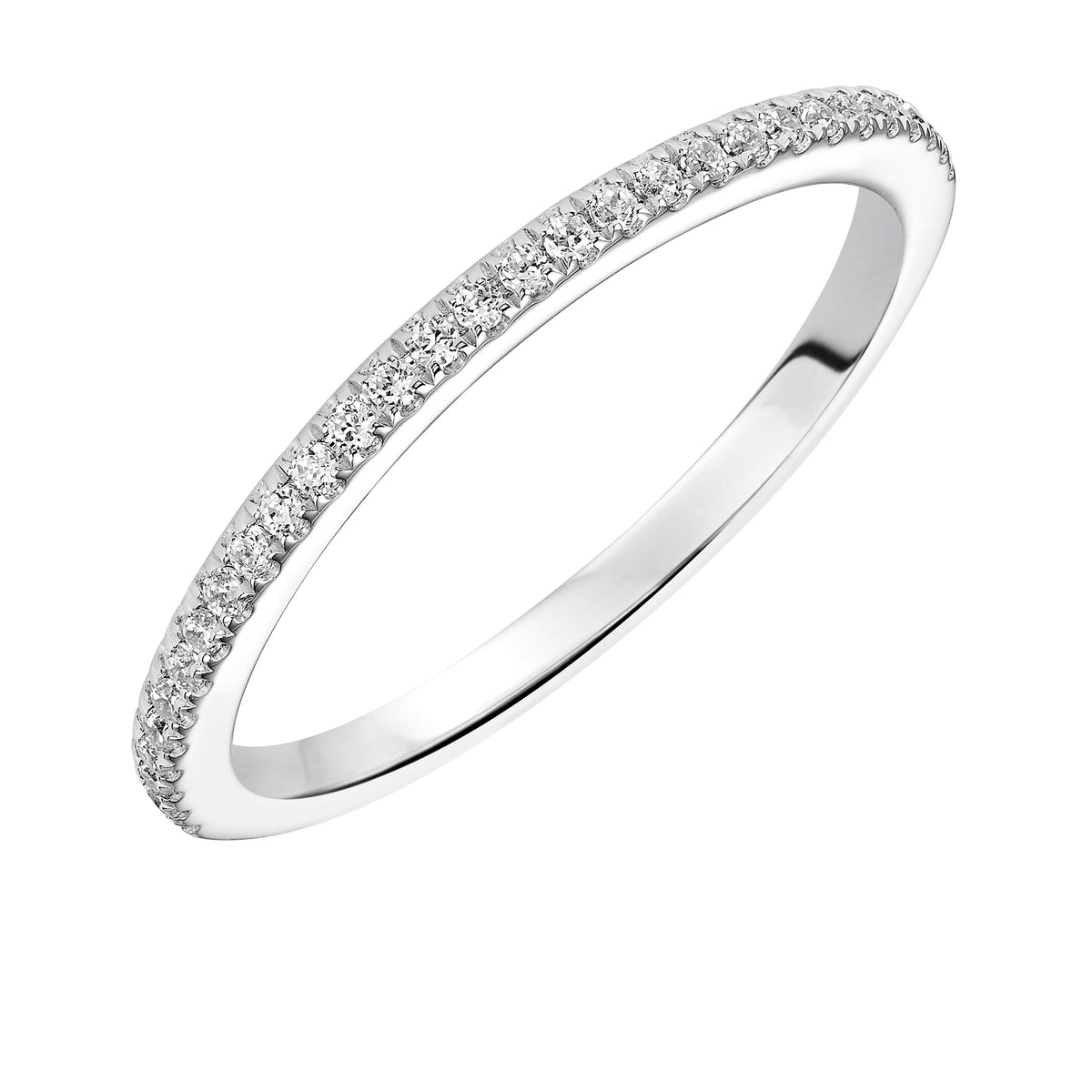 Wedding band with pave set, round diamonds.