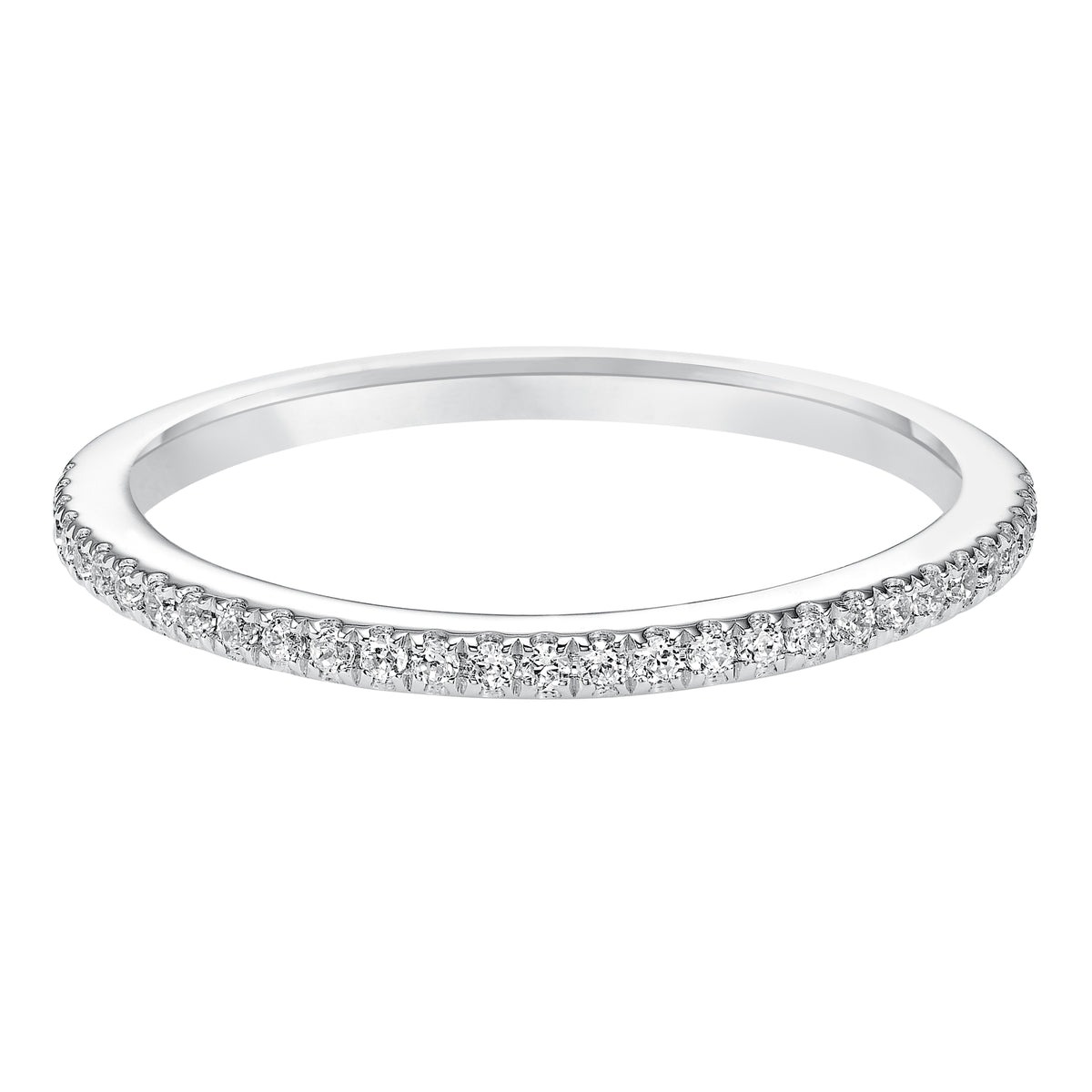 Wedding band with pave set, round diamonds.