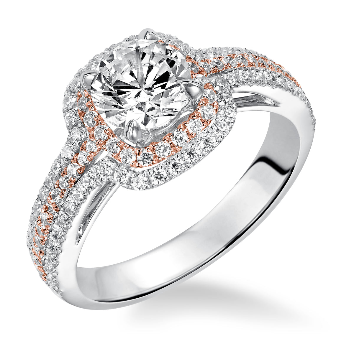 Double Row Two-Tone Diamond Halo Engagment Ring with Triple Row Two- Tone Diamond Shank