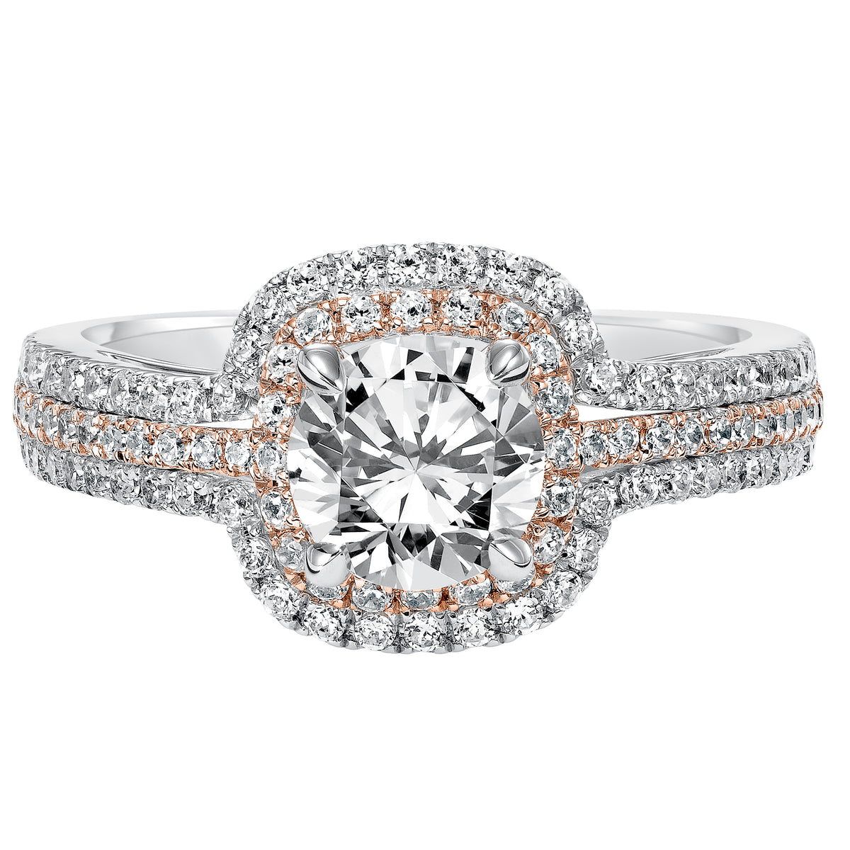 Double Row Two-Tone Diamond Halo Engagment Ring with Triple Row Two- Tone Diamond Shank