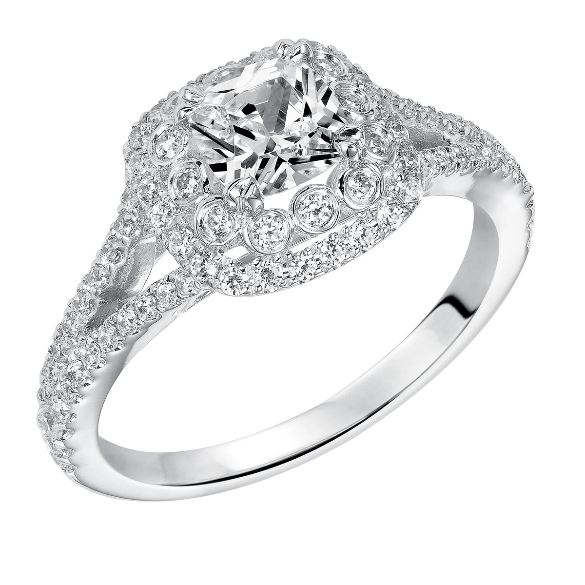 Distinctive styling inspired the design of this two row diamond prong set halo and split band engagement ring Perfect for the modern bride to be!
