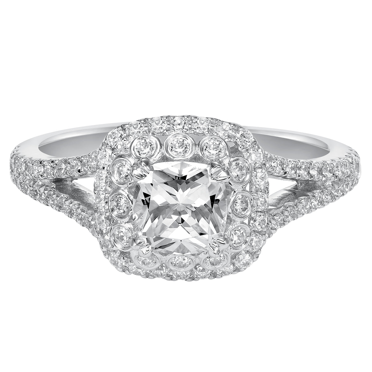 Distinctive styling inspired the design of this two row diamond prong set halo and split band engagement ring Perfect for the modern bride to be!