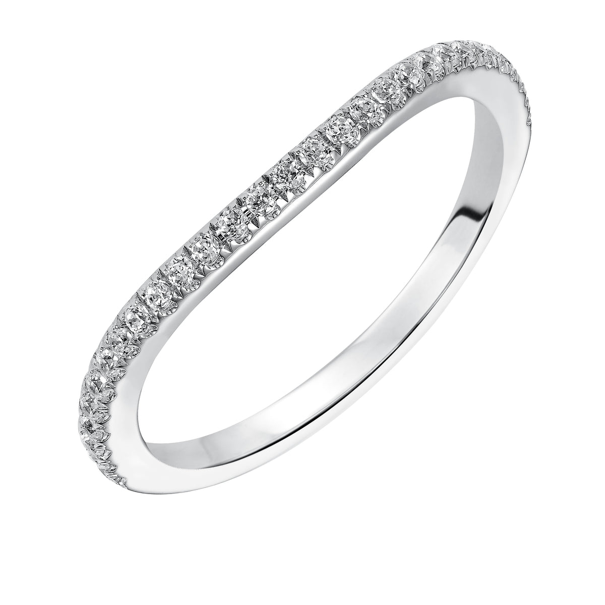 Wedding band with pave set, round diamonds and curved design to fit flush with matching engagement ring.