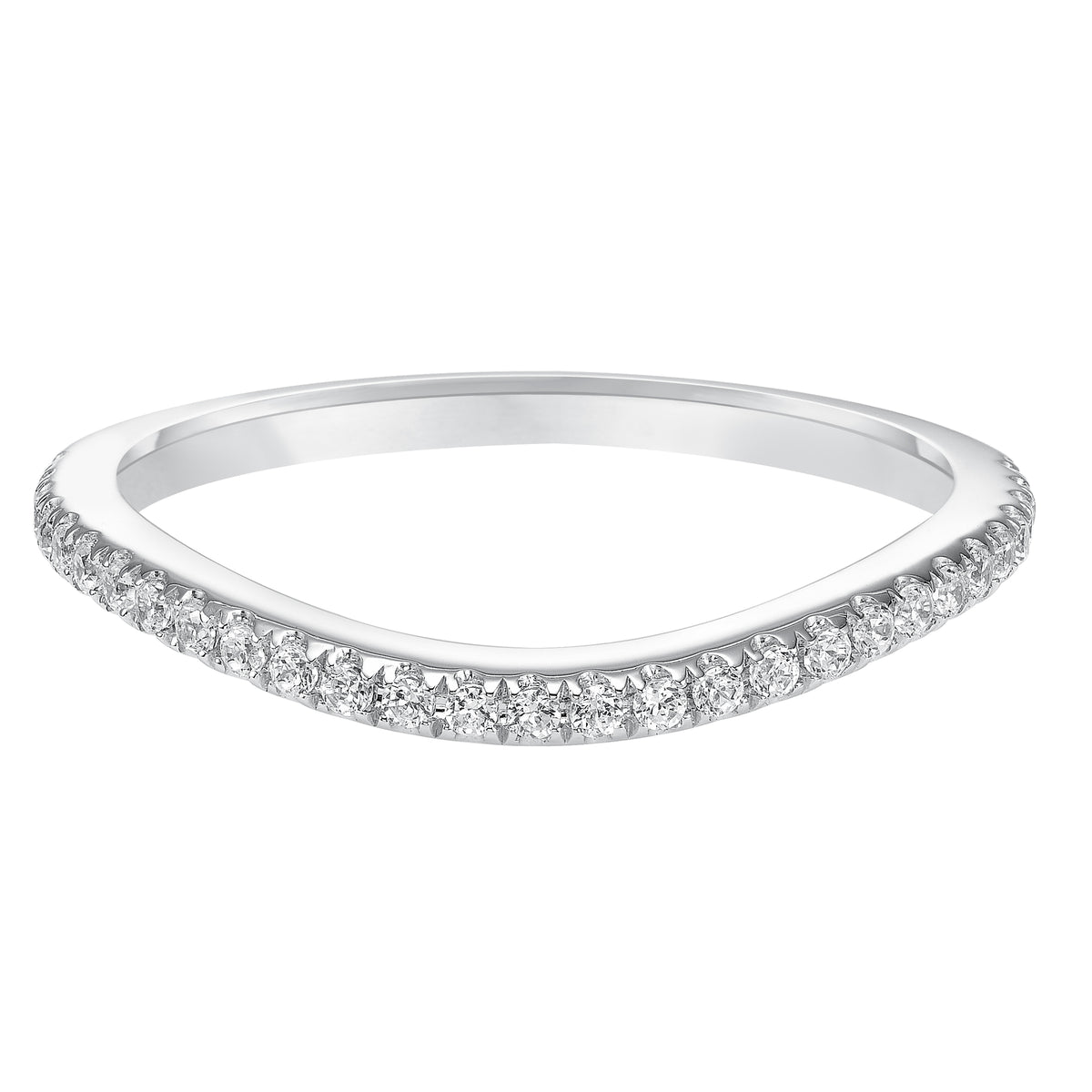 Wedding band with pave set, round diamonds and curved design to fit flush with matching engagement ring.