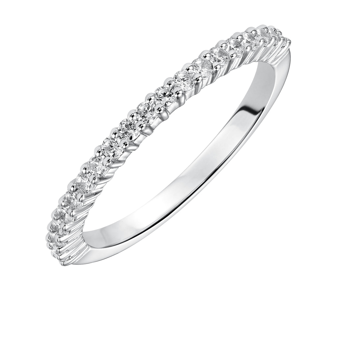 Wedding band with shared prong set, round diamonds.