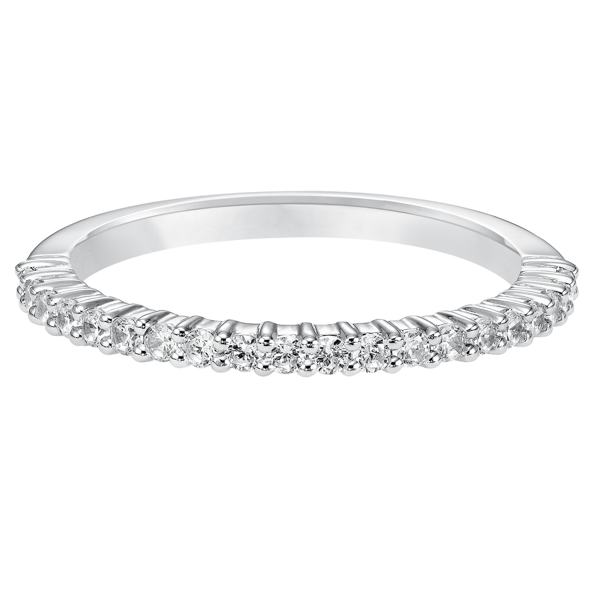 Wedding band with shared prong set, round diamonds.