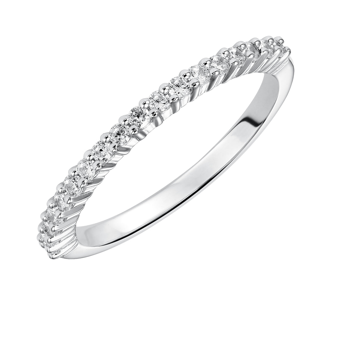 Wedding band with shared prong set, round diamonds.
