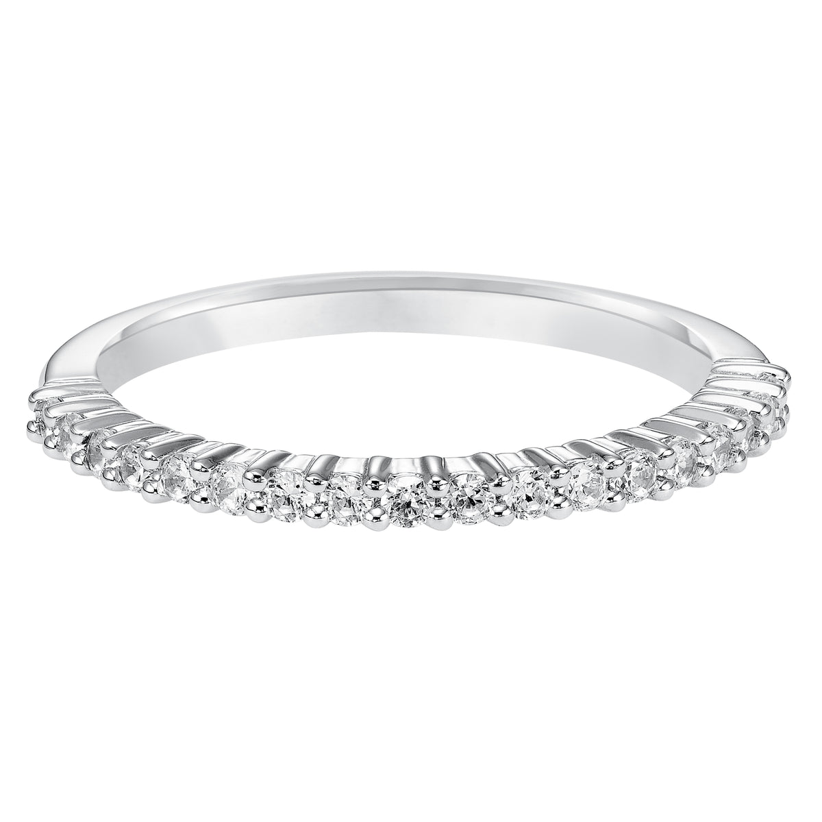 Wedding band with shared prong set, round diamonds.