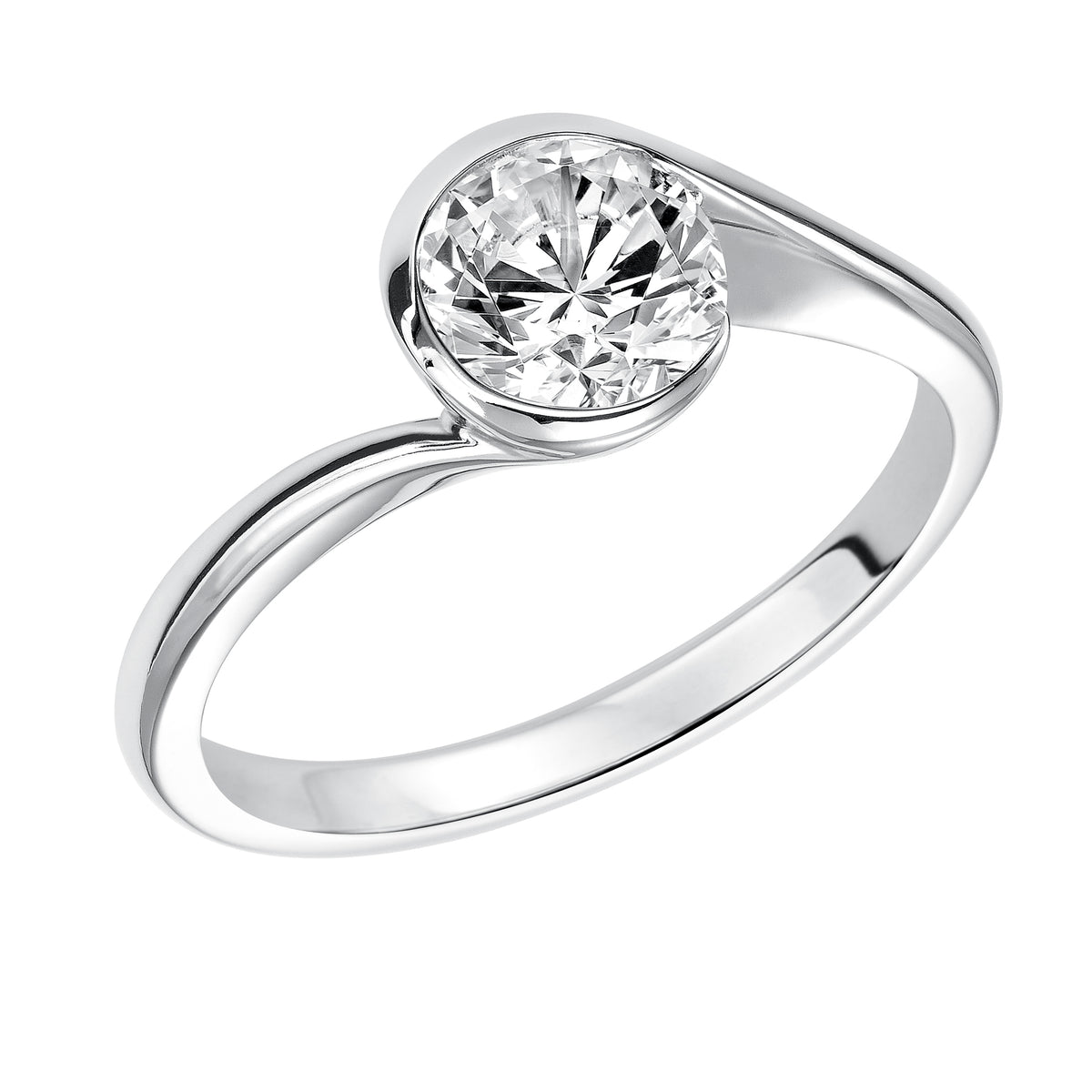 This brilliant round diamond engagement ring dazzles with its high polished, bezel set and bypass designed band for an unforgettable look