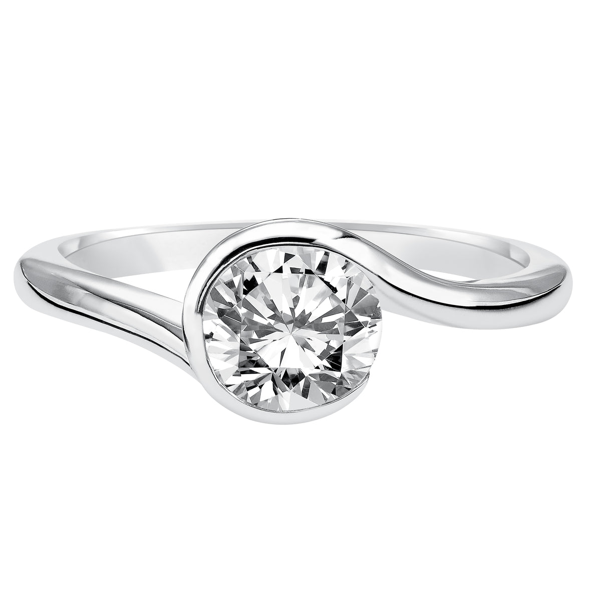 This brilliant round diamond engagement ring dazzles with its high polished, bezel set and bypass designed band for an unforgettable look