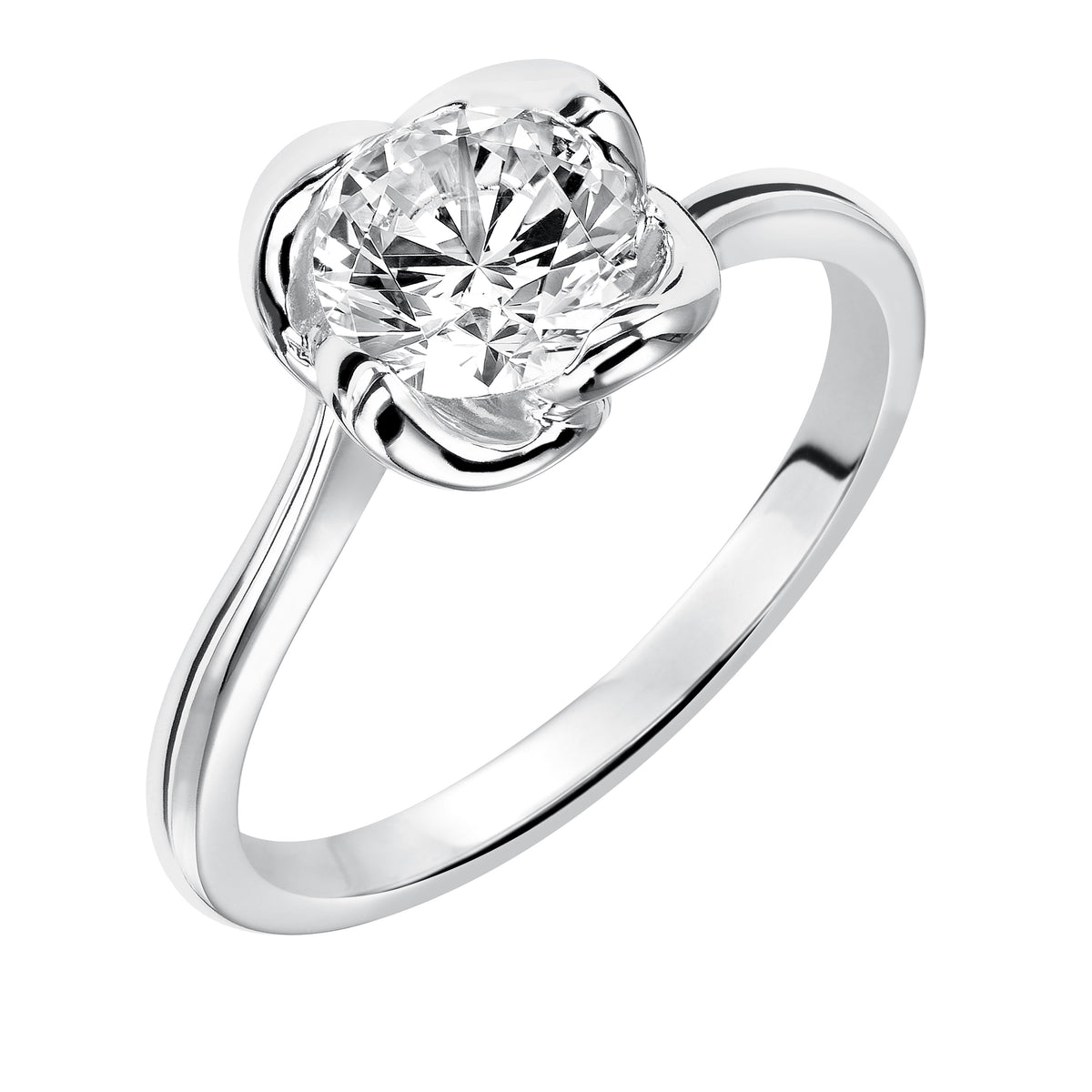 This distinctive and beautiful engagement ring features a bezel set round diamond with a striking, high polished halo design and band
