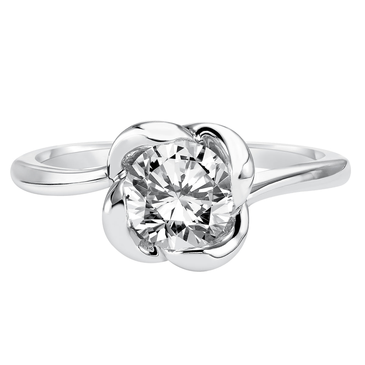 This distinctive and beautiful engagement ring features a bezel set round diamond with a striking, high polished halo design and band