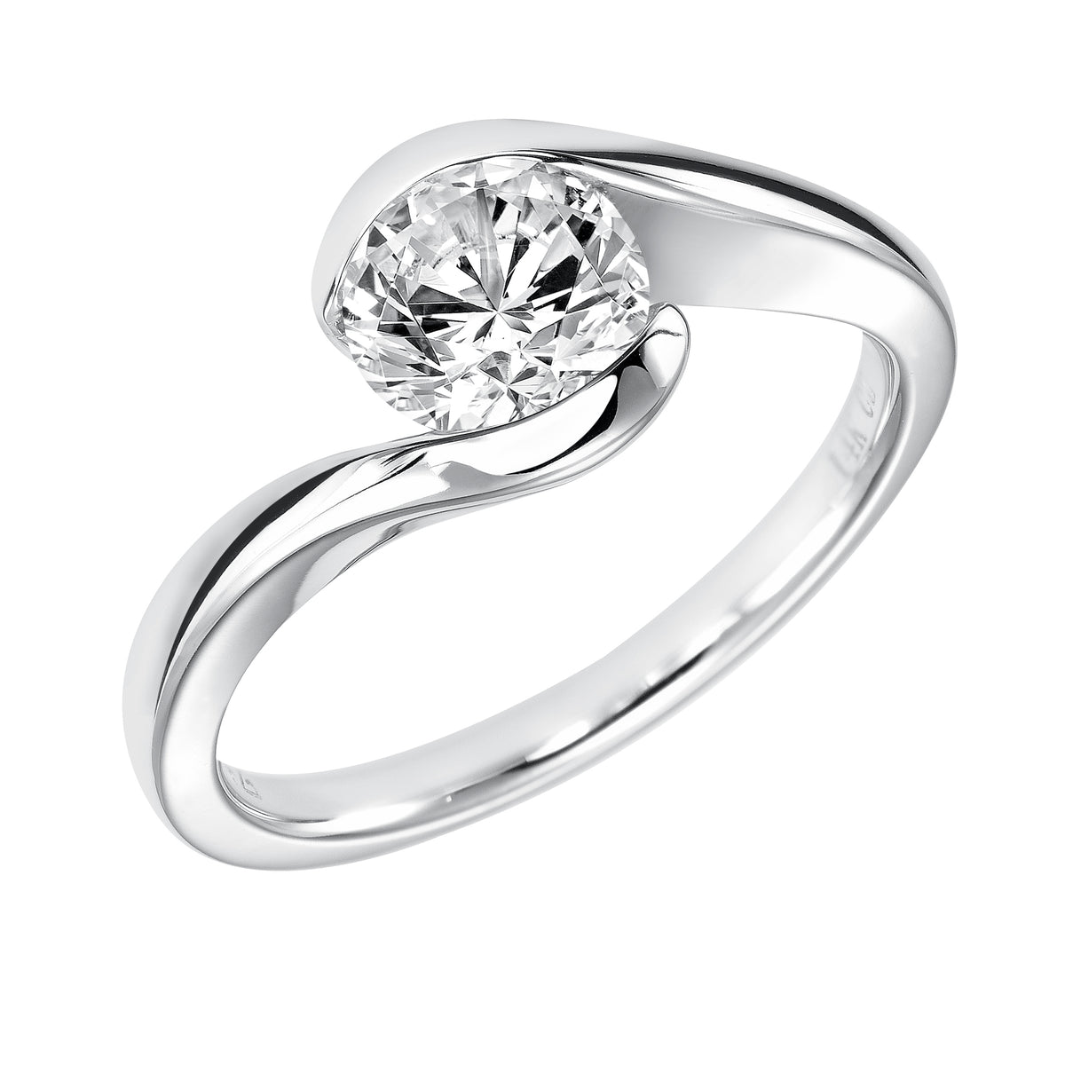 Modern and marvelous, this engagement ring features a floating bezel set round diamond with a gorgeous, high polished bypass band