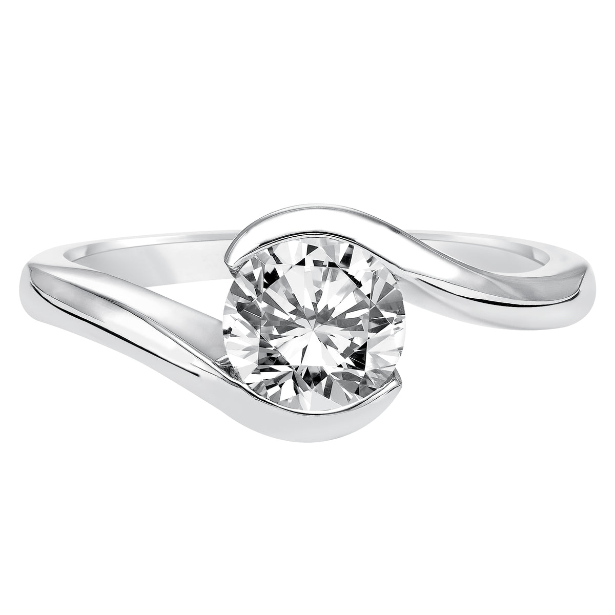 Modern and marvelous, this engagement ring features a floating bezel set round diamond with a gorgeous, high polished bypass band