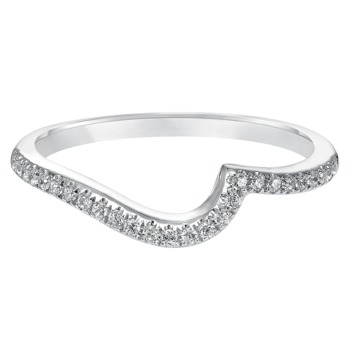 Wedding band with pave set, round diamonds and curved design to fit flush with matching engagement ring.