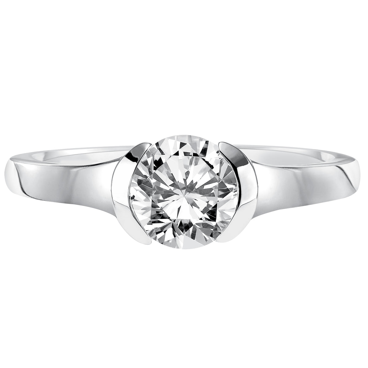 This exquisite half bezel set engagement ring features a classic, high polished band with an alluring surprise stone accent
