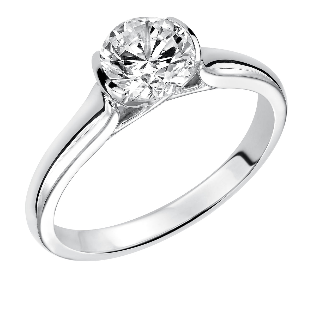 Gracefully designed, this modern half bezel engagement ring features a high polished band with a stunning criss-cross setting