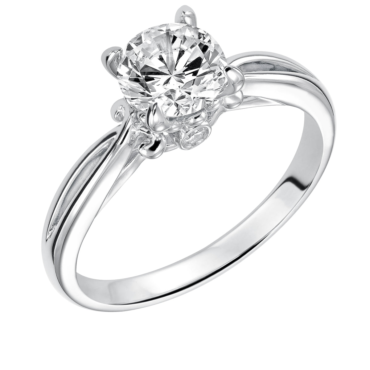 This unique solitaire engagement ring features an alluring high polished split band complimented with surprise diamond accents on its profile