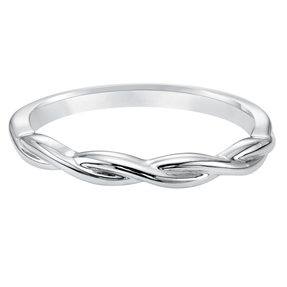 Wedding band with high polished, twisted shank design.