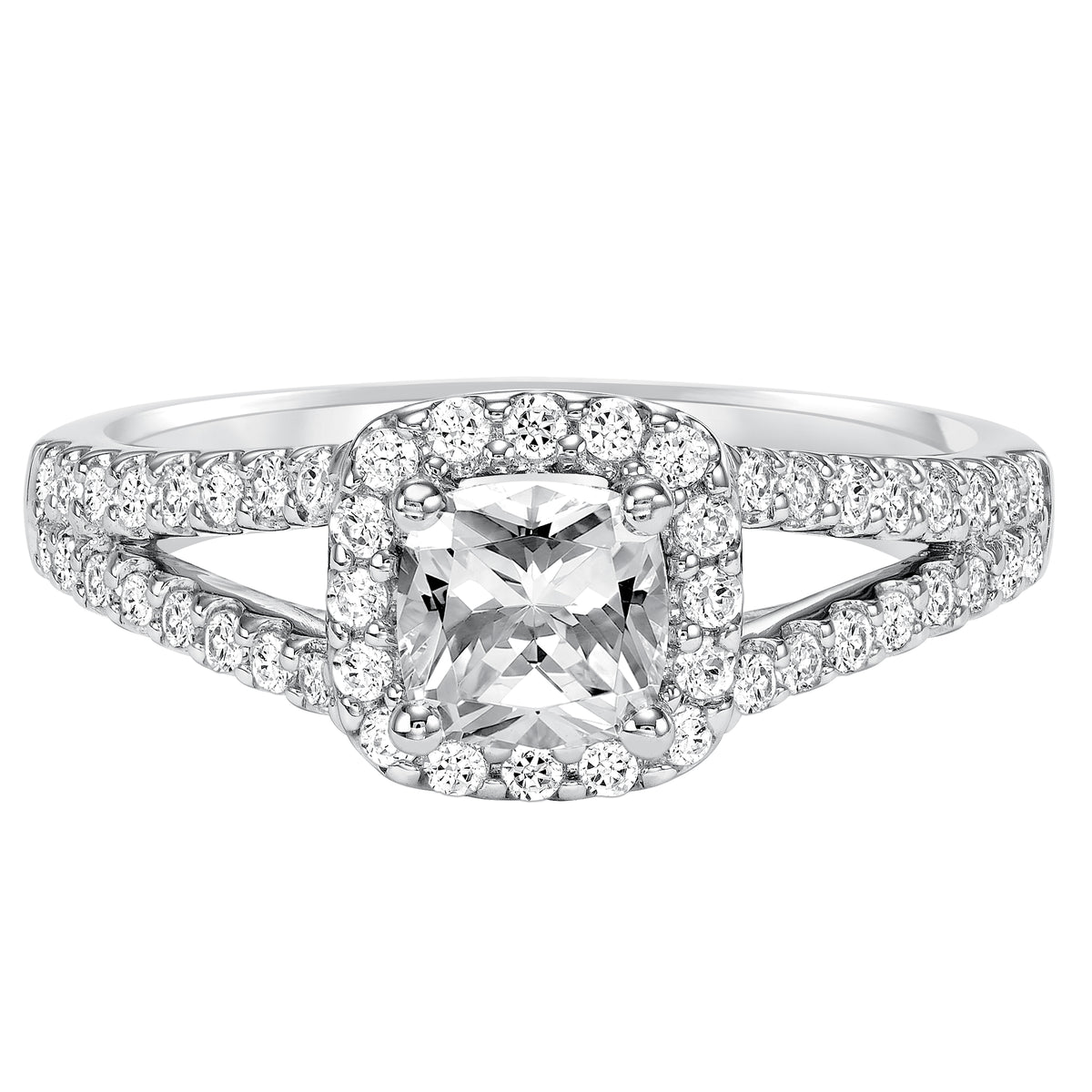 Diamond prong set halo with split shank engagement ring