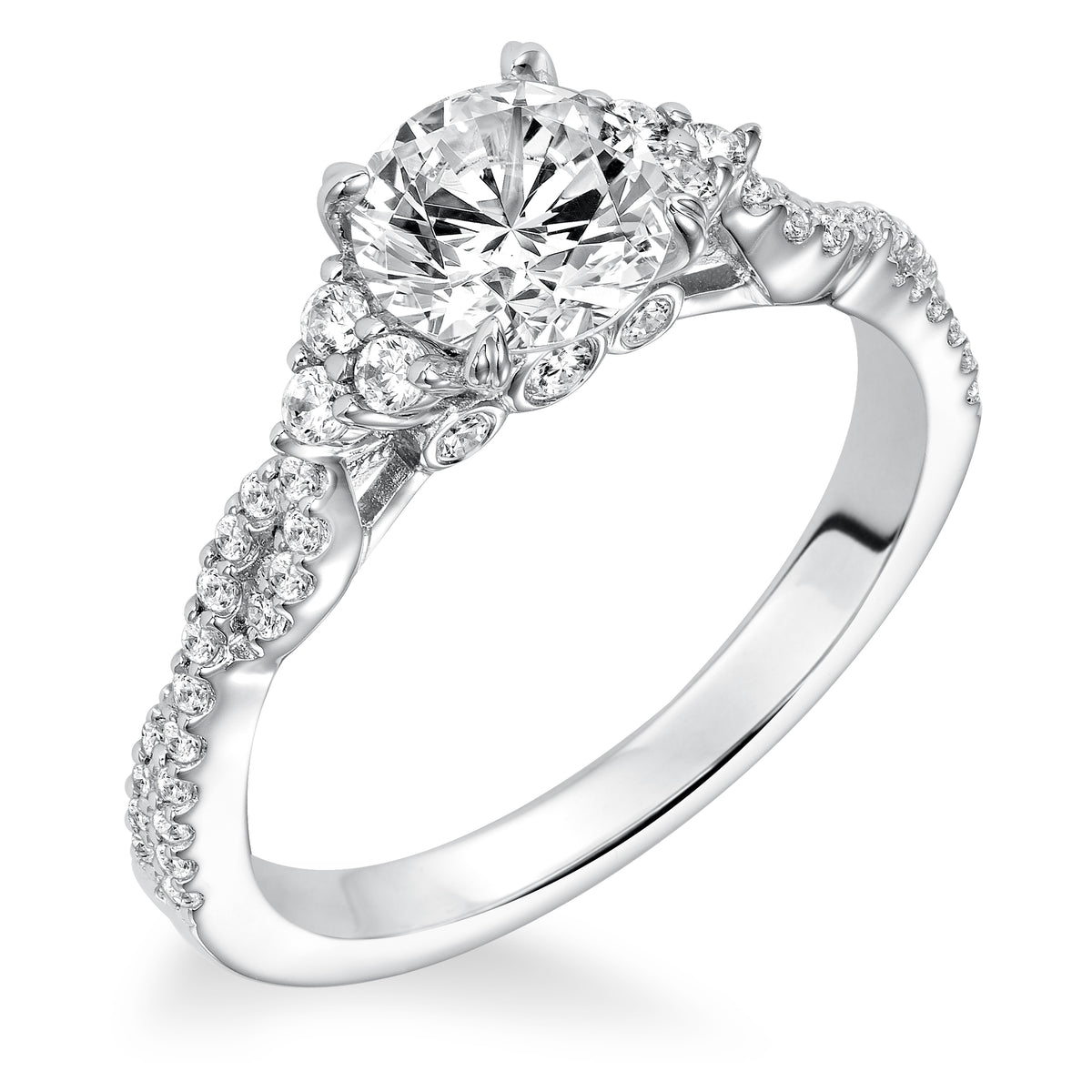 Diamond prong set with diamond cluster and twisted shank engagement ring