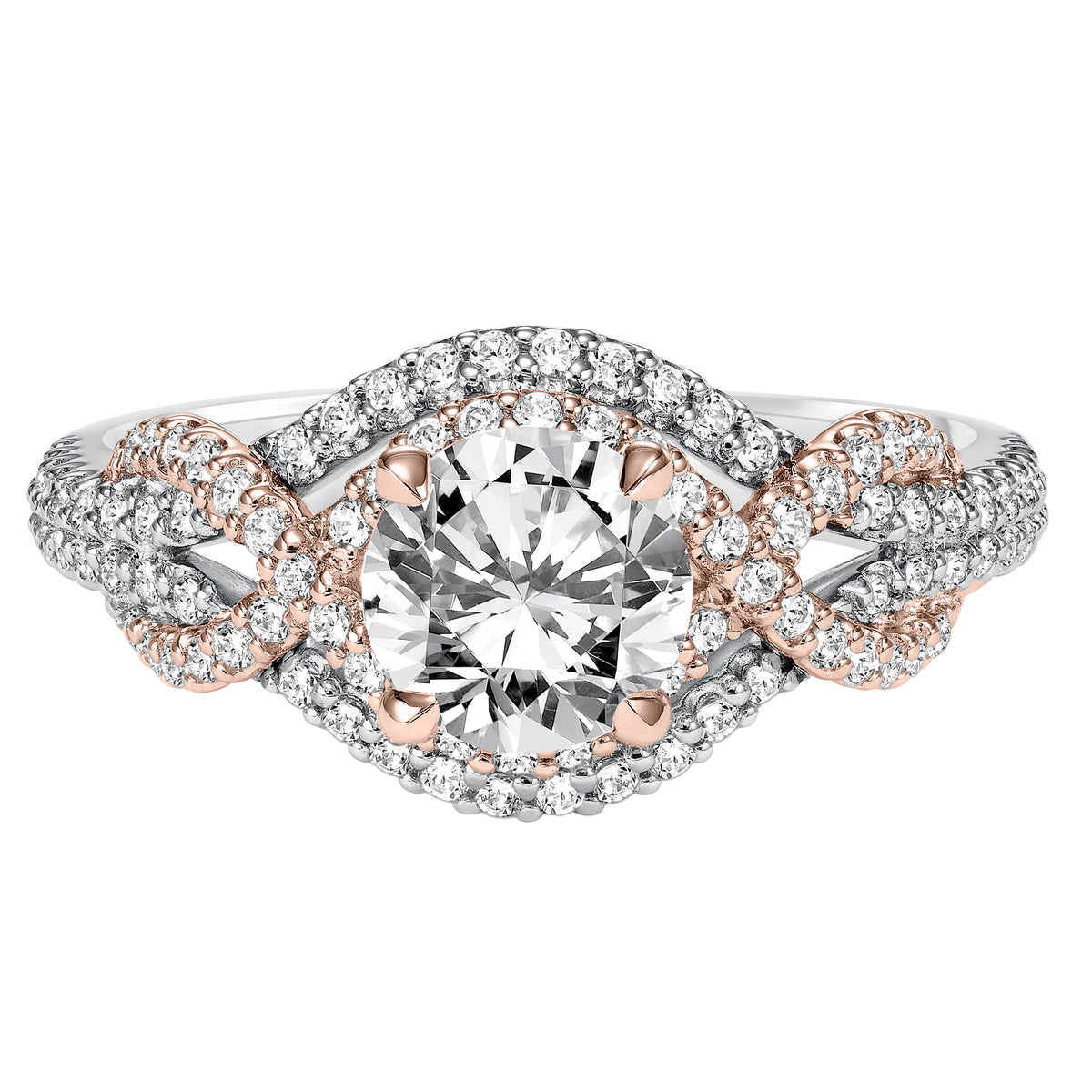 Two-Tone Double Row Diamond Halo Engagement Ring with Twist Detail and Double Row Diamond Shank
