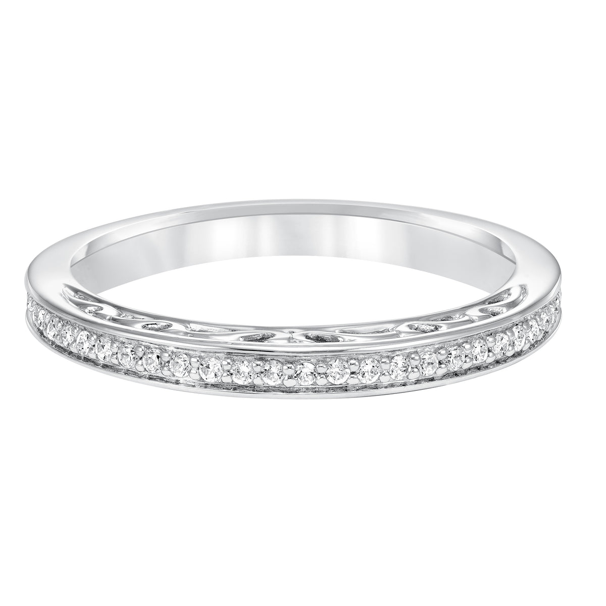 Diamond prong set with filgree accent wedding band