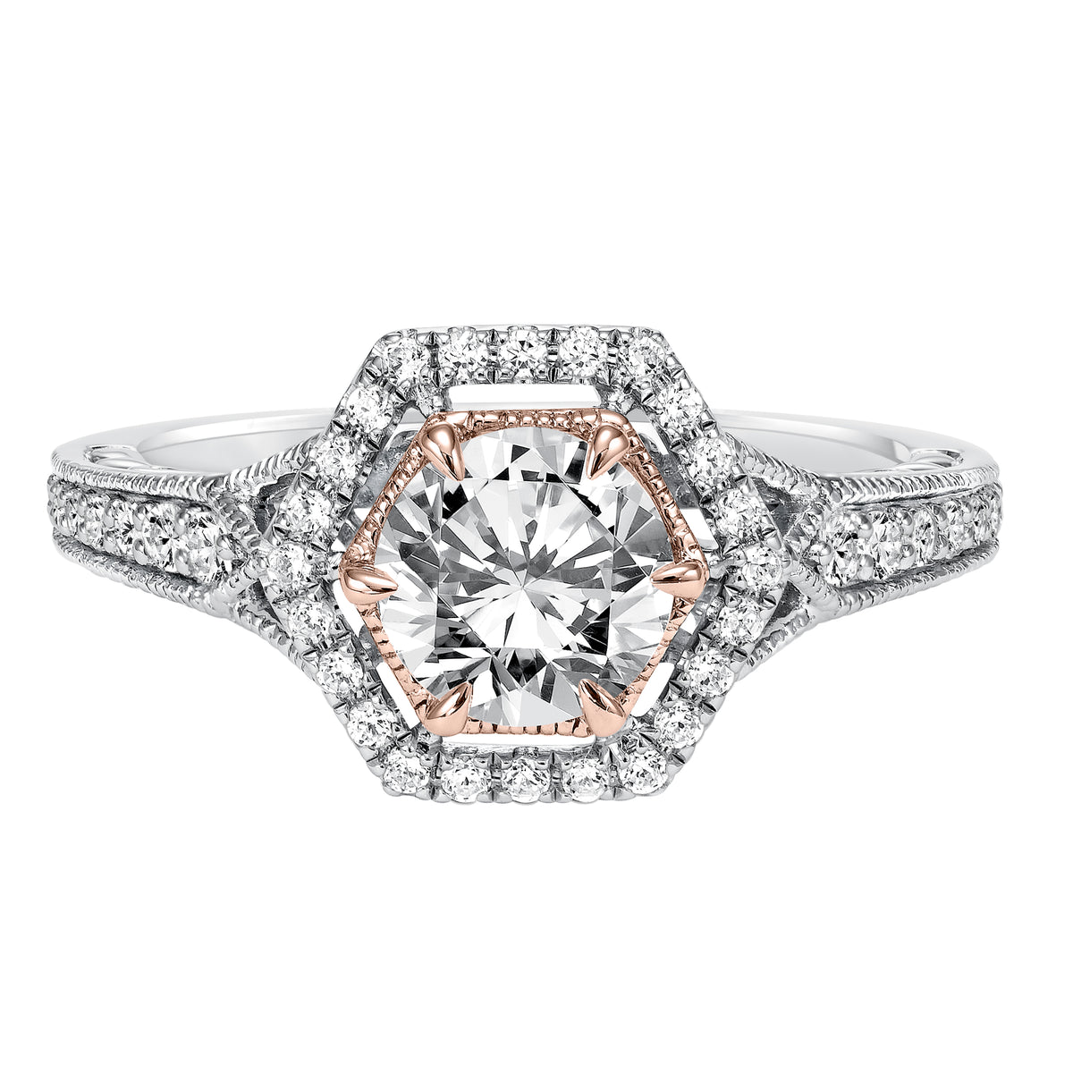Two tone octagon shape diamond prong set halo with filgree accent engagement ring
