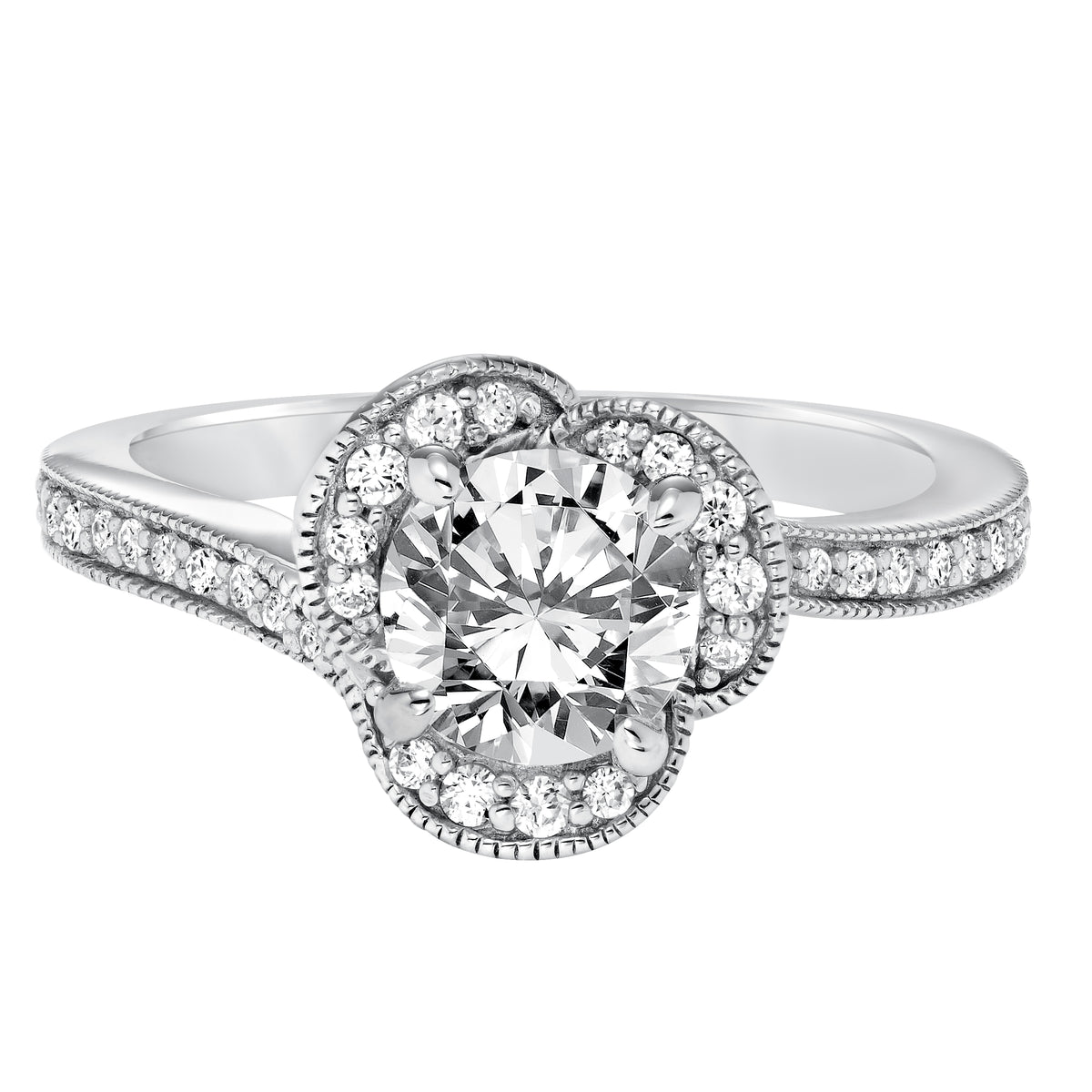 Diamond Prong set Floral Halo with Milgrain Enagement Ring