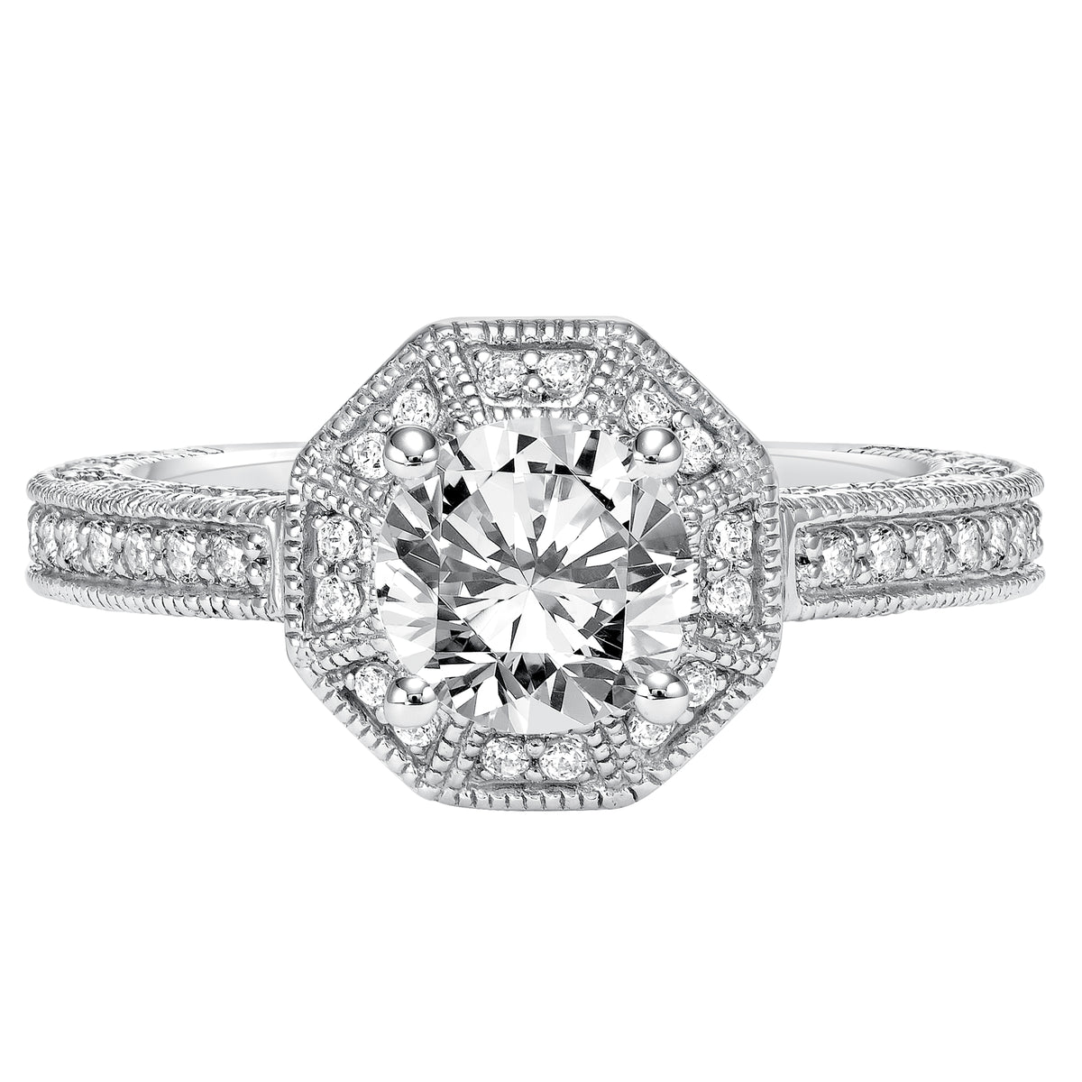Octagon Shape Diamond Prong Set Halo with Milgrain Engagement Ring
