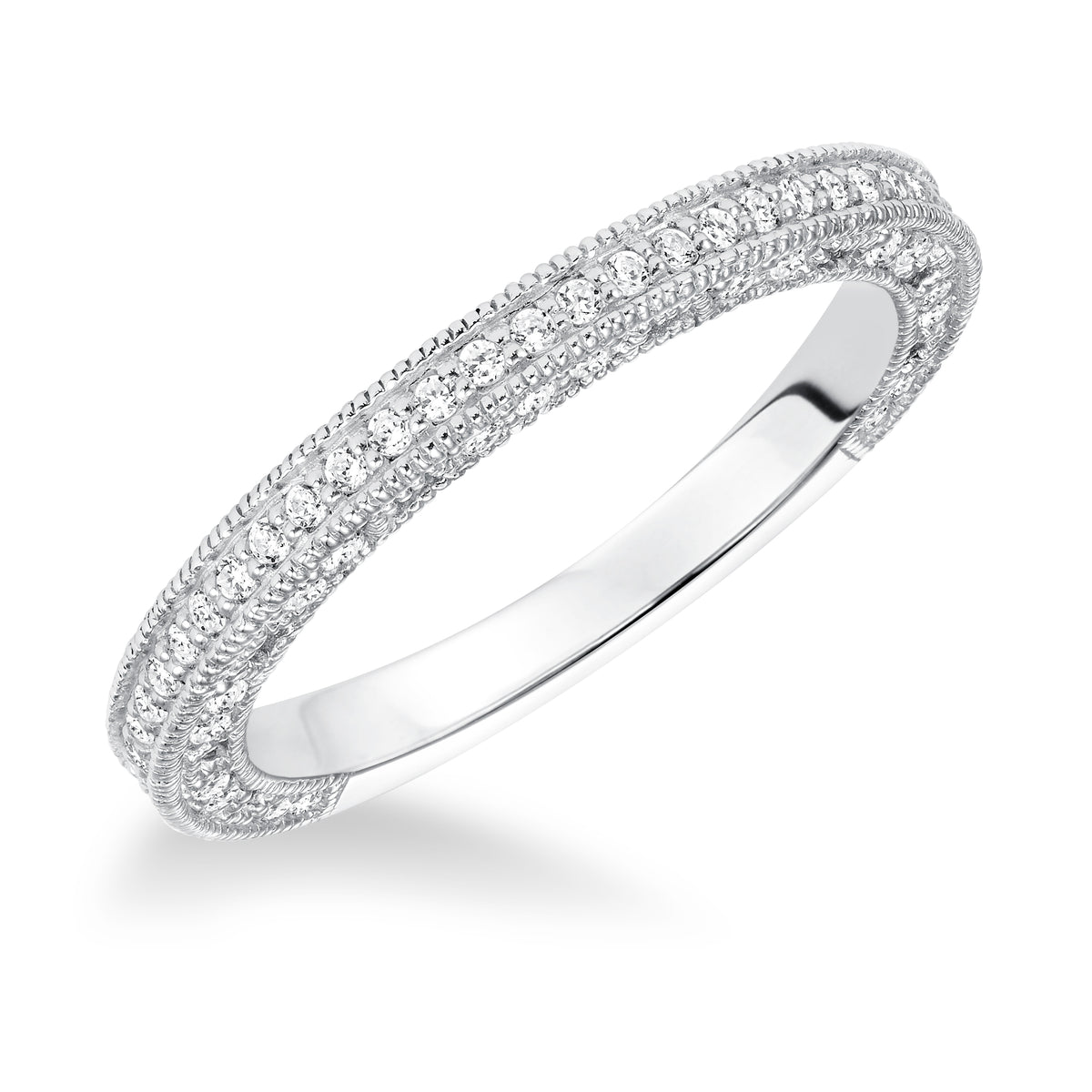 Diamond prong set with milgrain band