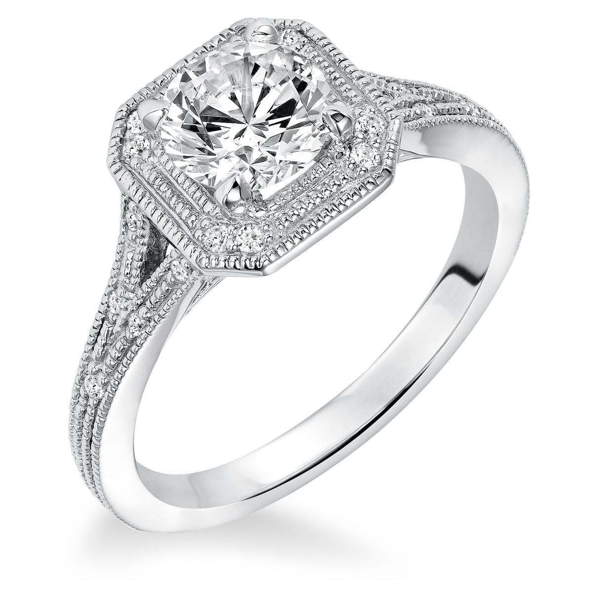 Diamond prong set Halo with Split Shank and Milgrain Engagement Ring